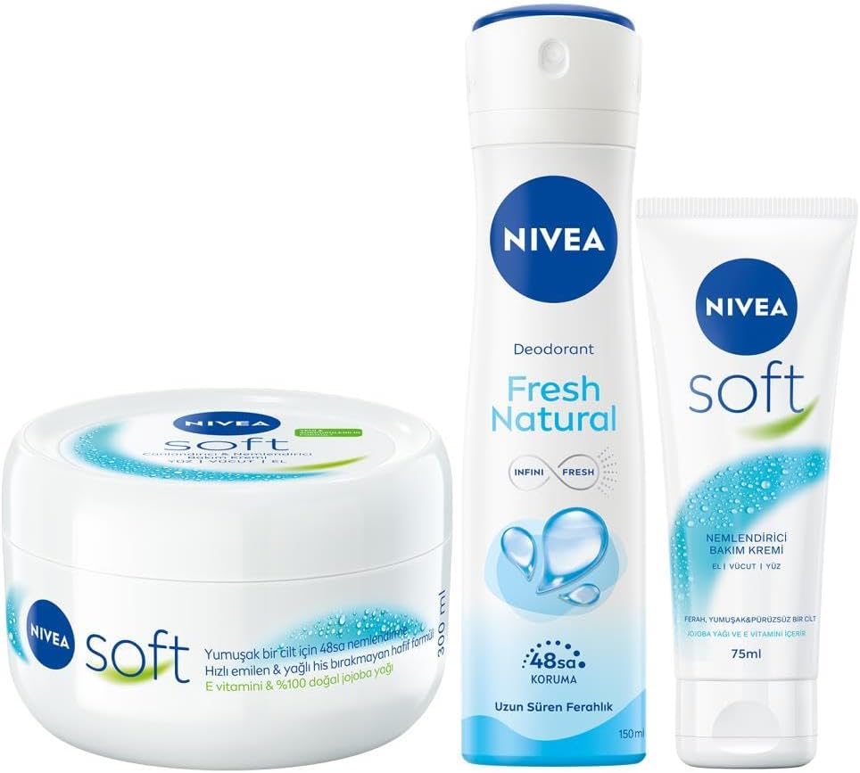 Soft Krem 300ml, Nemlendirici Bakım Kremi, Yüz, Vücut, El, Jojoba Yağı ve E Vitamini ile Cilt Bakımı ve Kadın Sprey Deodorant Fresh Natural 150ml, ve Soft 75 ml, El Kremi