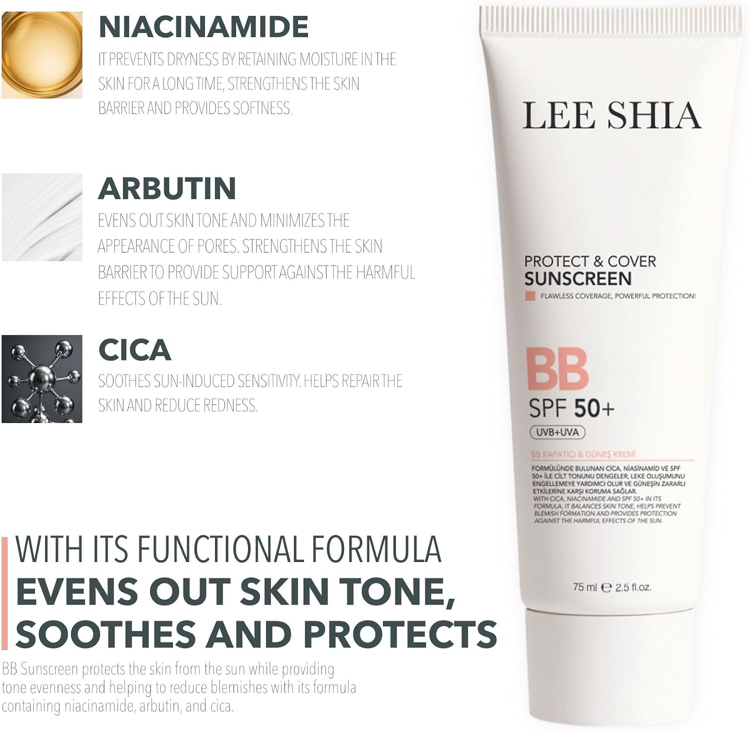 BB Güneş Kremi 50+SPF - Medium - 75 ml (Cica, Niasinamid)