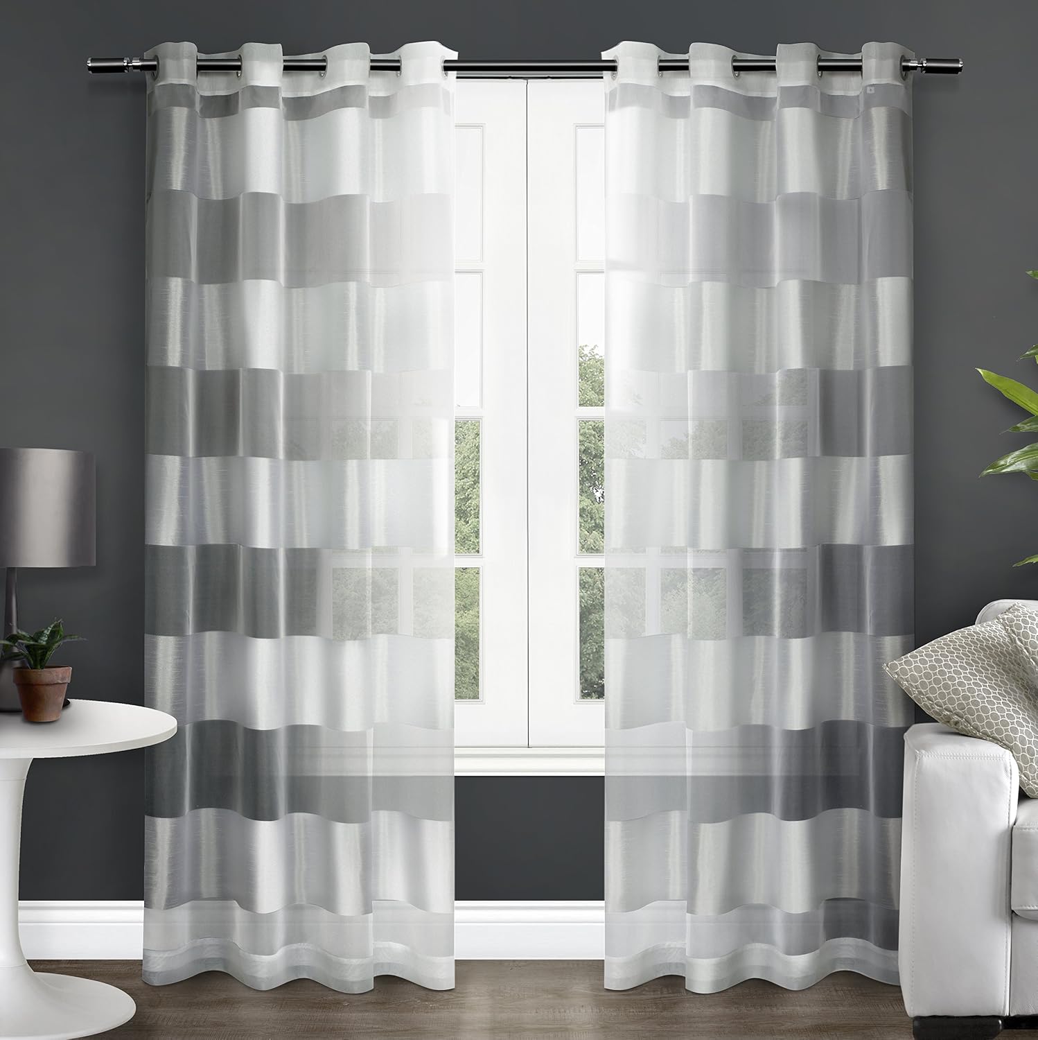 Navaro Çizgili Şeffaf Gromet Üst Perde Panel Çifti, 137 cm x 213 cm, Kış Beyazı