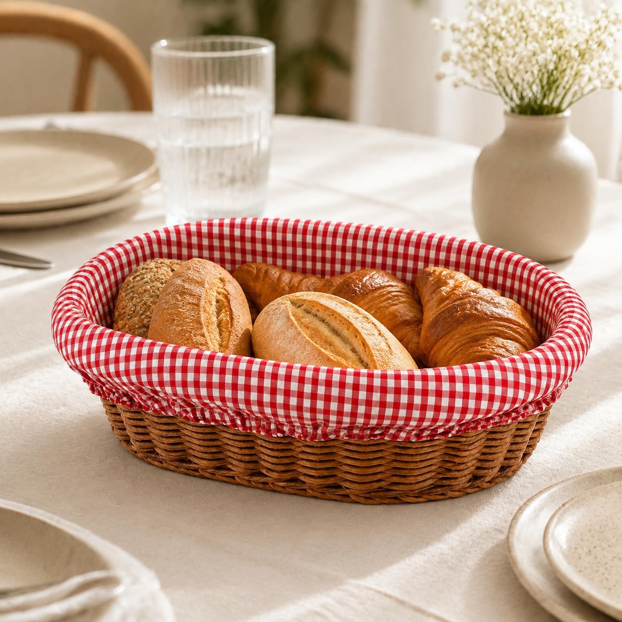 Oval Ekmek Sepeti 21 × 29 cm, Çıkarılabilir Kırmızı Pötikare Kumaşlı Hasır Görünümlü Kahvaltı ve Sunum Sepeti