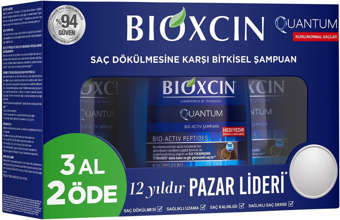 Quantum Şampuan – Kuru ve Normal Saçlar İçin – 3x300 ml – Dökülme ve İncelme Karşıtı – Bio-Activ Peptit, BioComplex B11, Bal ve Mentol İçerikli