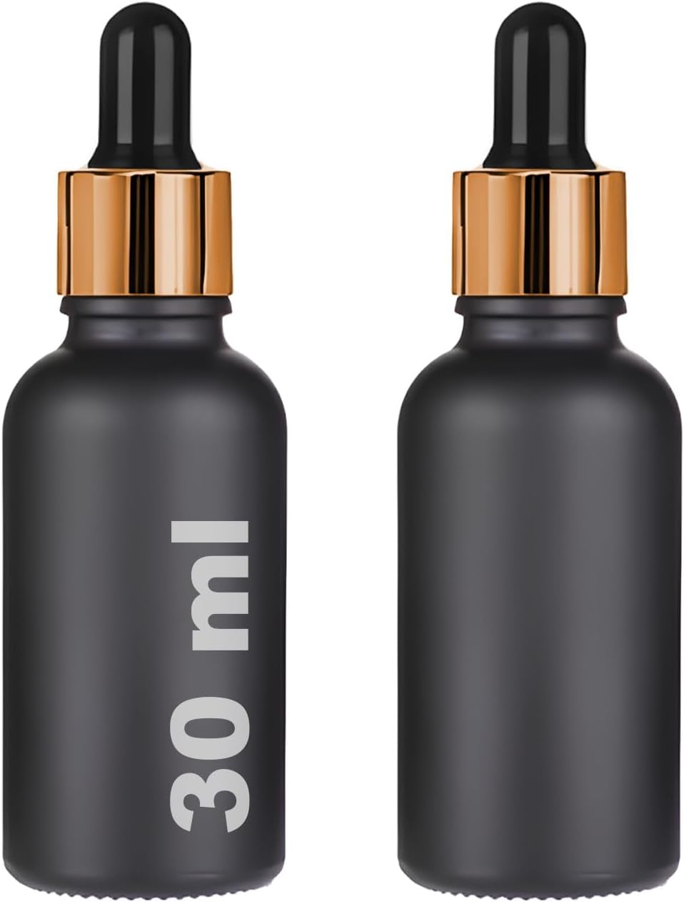 30 ml Mat Siyah Cam Damlalıklı Serum Şişesi 30 cc Renkli Metal Kapaklı Dropper Cam Şişe 2 Adet (Gold Yüzük | Siyah Lastik)