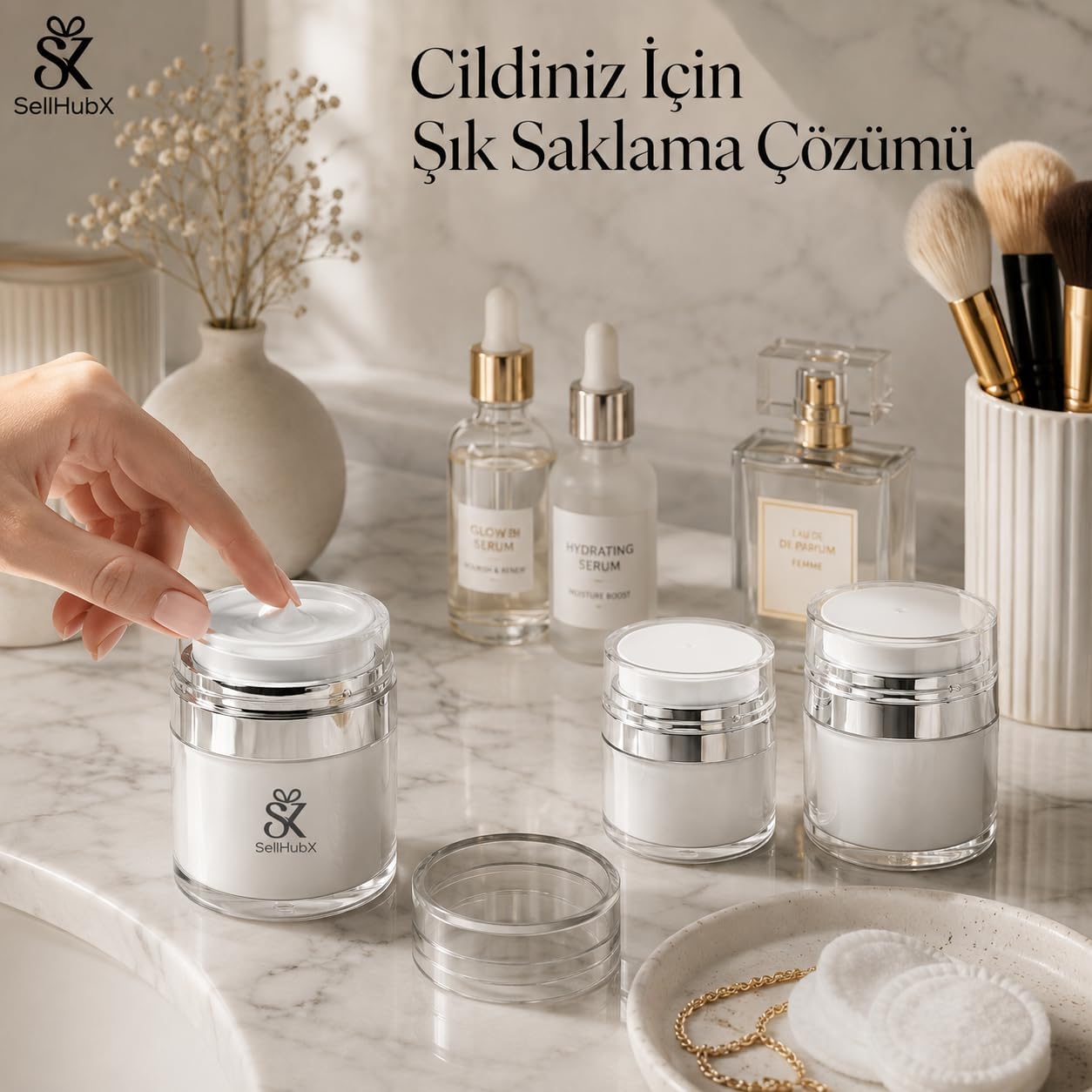 Airless Vakumlu Krem Kavanozu 3'lü Set (15 ml + 30 ml + 50 ml) - Havasız Pompalı Yeniden Doldurulabilir Kozmetik Krem Kutusu, Seyahat Boy Serum, Losyon, Fondöten ve BB Cream Saklama Kabı