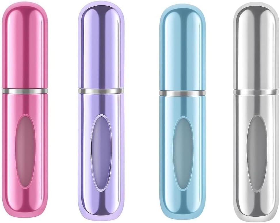 Mini Doldurulabilir Parfüm Şişesi – Taşınabilir Seyahat Boy Atomizer Cep Sprey Seti, Pompalı Dolum Kabı, Kompakt, Sızdırmaz ve Dayanıklı Tasarım (Modern, 4 Adet-Pembe, Lila, Açık Mavi, Gümüş)
