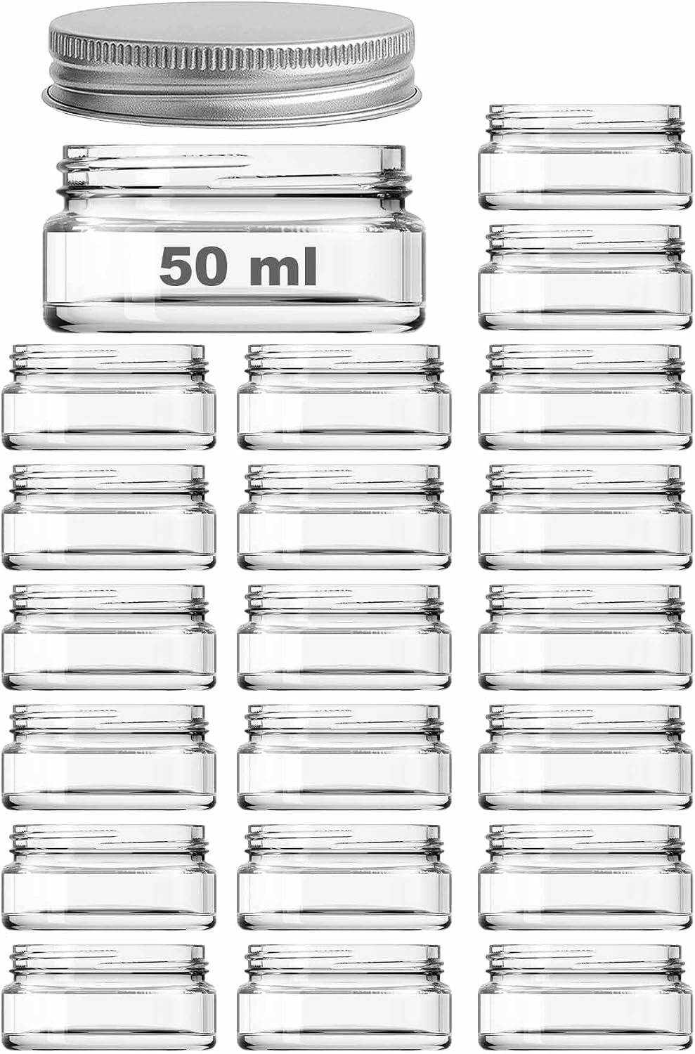 50 ml Kapaklı Kozmetik Kavanozu 50 Cc Şeffaf Cam Krem Kavanoz (20 Adet, Metal Gümüş Kapak)