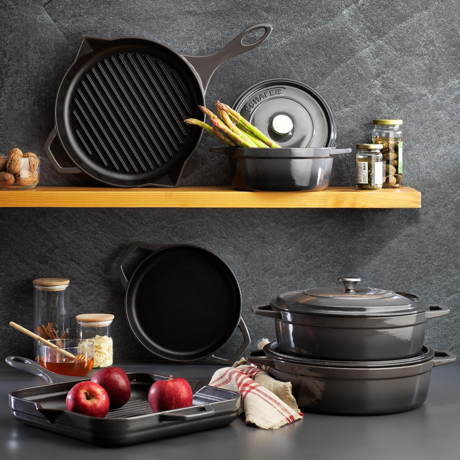 Schafer Guss Chef Döküm Basık Tencere 28 Cm 2 Parça-Gri