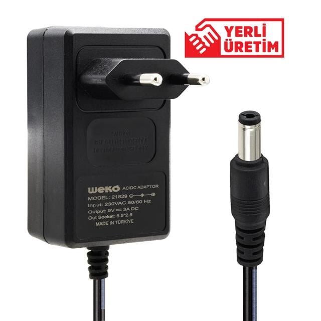 Weko 9 Volt - 3 Amper 5.5x2.5 Uçlu Priz Tipi Plastik Kasa Adaptör