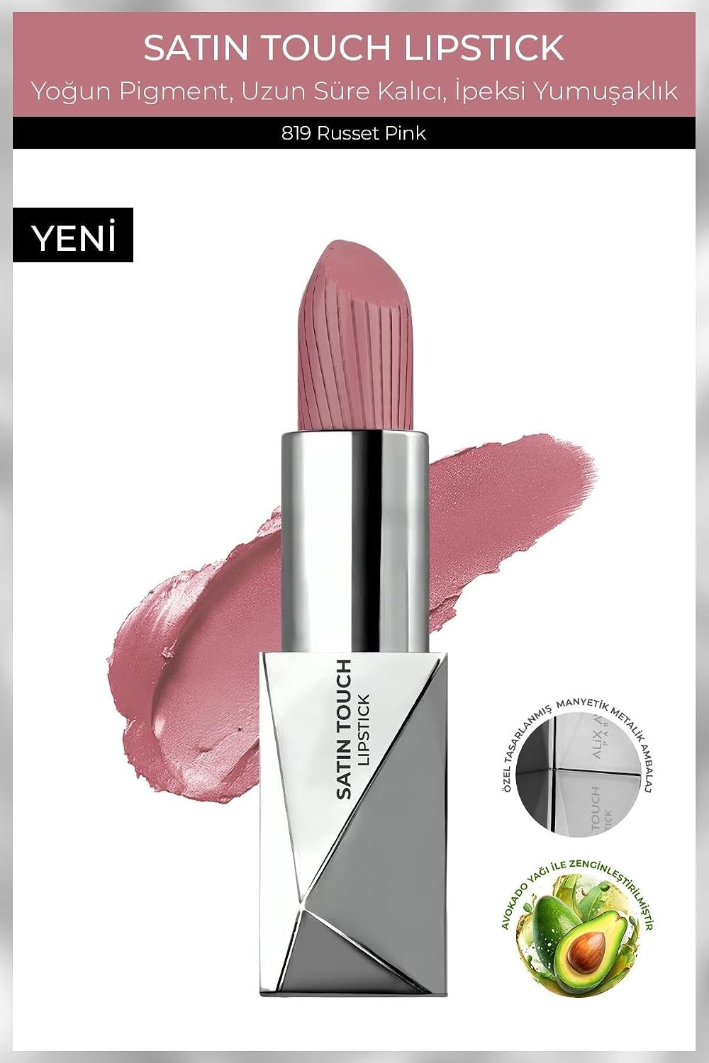 Uzun Süre Kalıcı Nemlendirici Pürüzsüz Etkili Yarı Mat Ruj Satin Touch Lipstick 819 Russet Pink