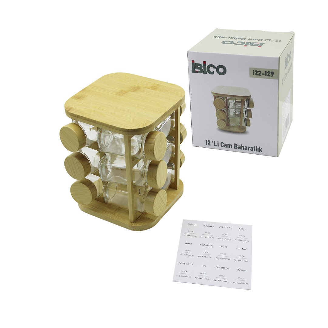 12PCS Kare Döner Standlı Cam - Bambu Kapak Tuzluk - Baharatlık Bambu Stand