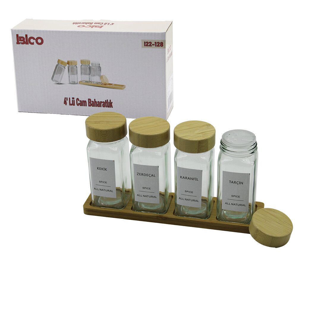 4PCS Bambu Kapaklı Cam Tuzluk - Biberlik - Baharatlık 120ML