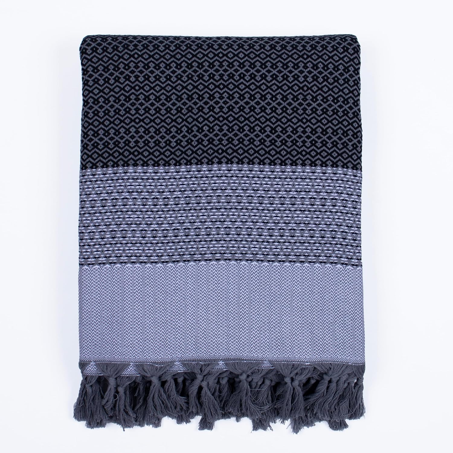 PÜSKÜL Çift Kişilik Yatak Örtüsü ve Pike |%100 Pamuklu İnce Hafif Yazlık Battaniye | Boho Dekoratif Koltuk Örtüsü | Çok Amaçlı Çeyizlik Günlük Kullanım (Siyah-Gri, 200x250 cm Çift Kişilik Pike)