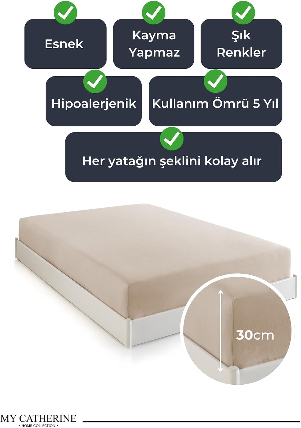 Lastikli & Hipoalerjenik Çarşaf |%100 Pamuk Penye Kumaş | Çift Kişilik 160x200 cm - Ekru, LUXCARSAF