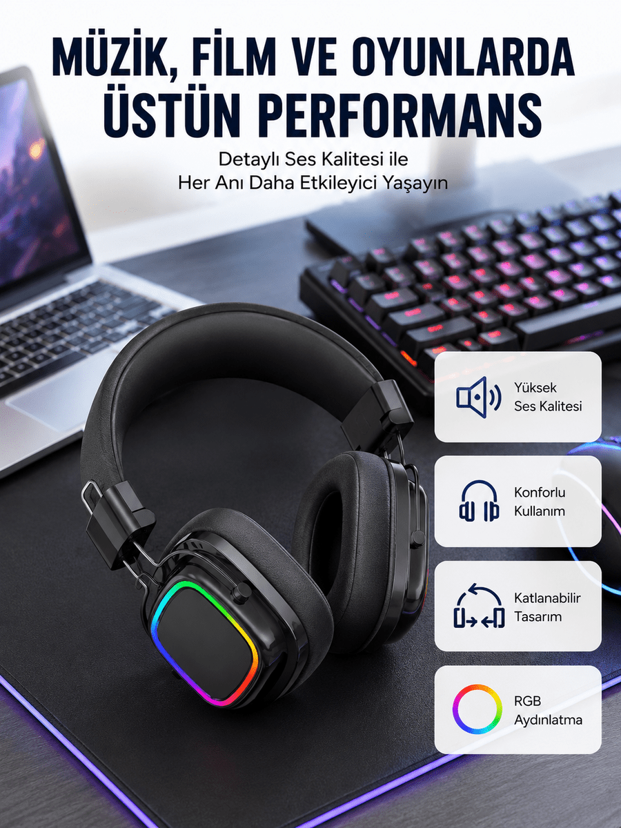 RGB Işıklı Katlanabilir Bluetooth 5.3 Kulak Üstü Kulaklık