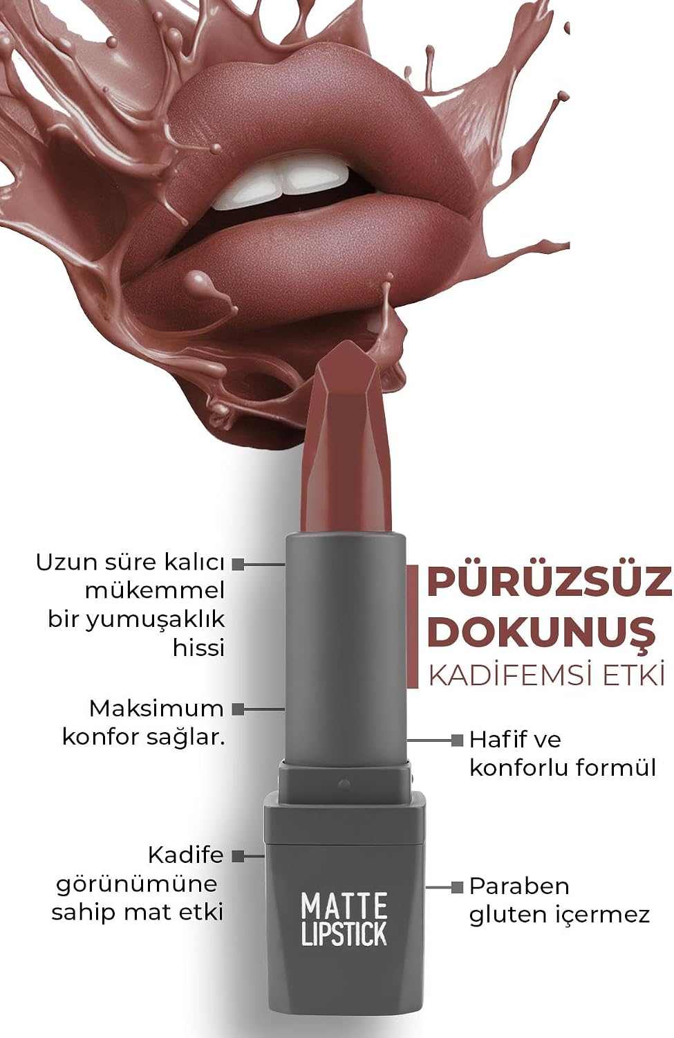Yoğun Renk Veren Uzun Süre Kalıcı Nemlendirici Kadifemsi Mat Ruj - Matte Lipstick 410 Rose Coral