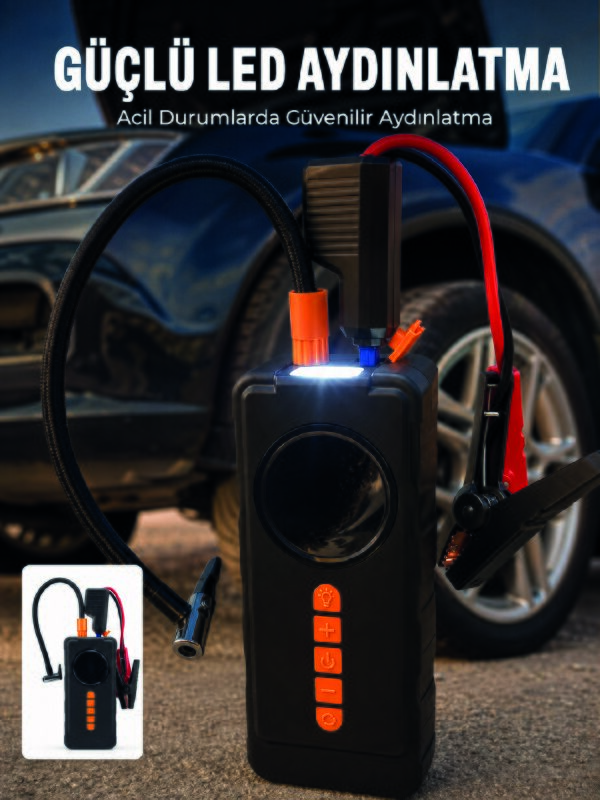 10000mAh Şarjlı Araç Kompresörü Akü Takviye Cihazı Powerbank Özellikli Dijital Lastik Şişirme Pompası