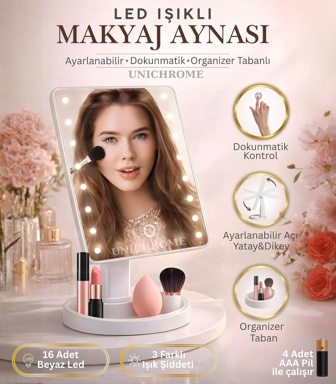 Dokunmatik Led Işıklı Pilli Masa Üstü Makyaj Aynası Makyaj Aynası Ledli