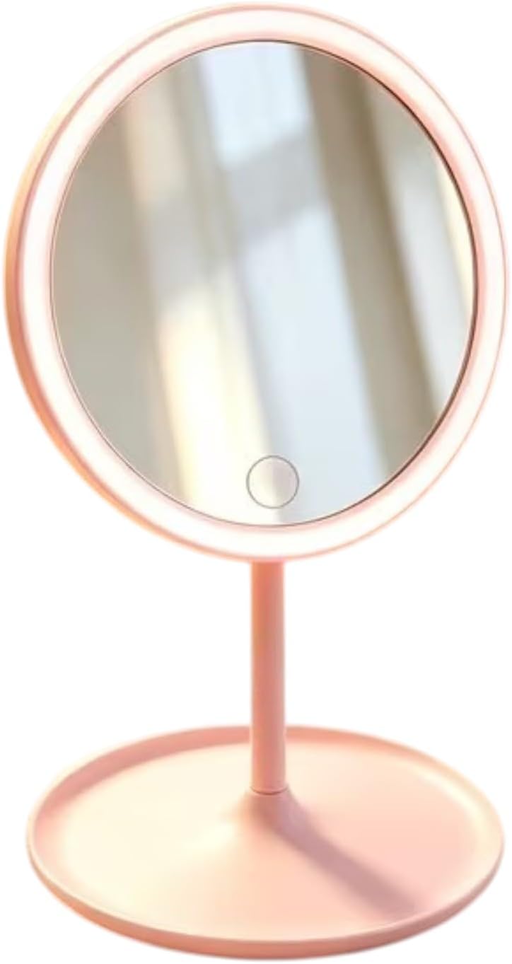 LED Işıklı Makyaj Aynası, 3 Farklı Işık Modu, 360 Derece Döndürülebilir, Dokunmatik Tuşlu (Köşeli Pembe)