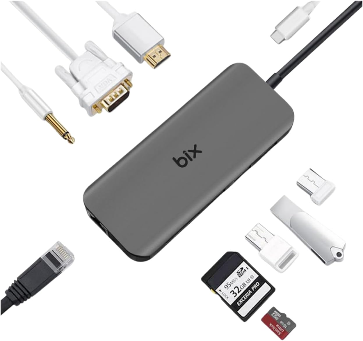 BX11HB Type-C to HDMI VGA Ethernet 3.5 mm Jack USB 3.0 PD Kart Okuyucu Dönüştürücü Adaptör