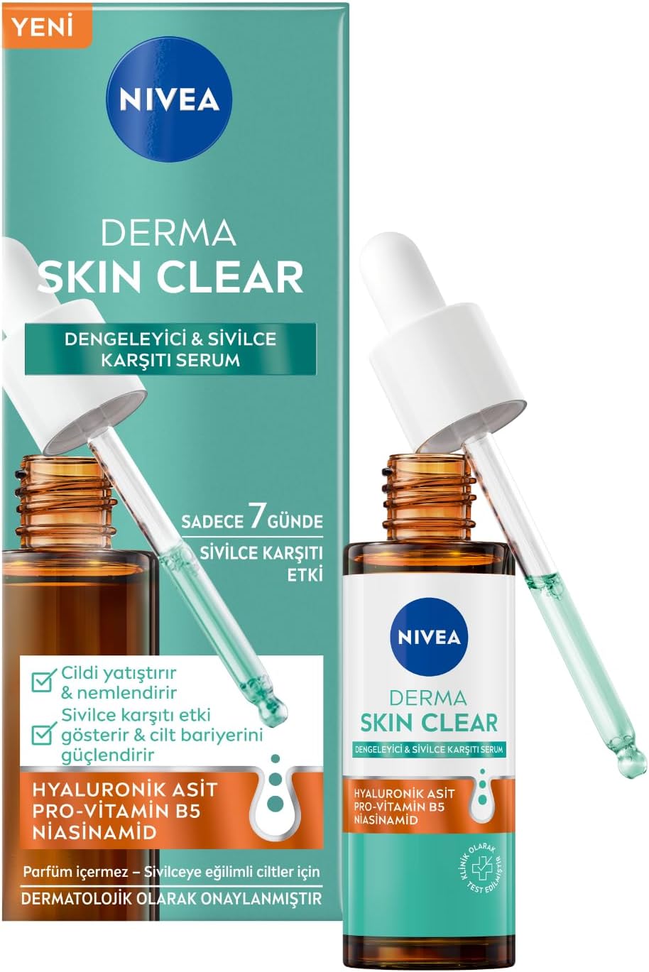 Derma Skin Clear Dengeleyici ve Sivilce Karşıtı Serum 30ml, Cildi Yatıştırır, Komedojenik Değildir,Niasinamid, Hyaluronik Asit, Pro Vitamin B5,Yağlı,Karma Cilt