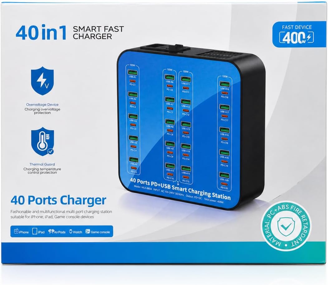 WLX-880A 400W 40 Port Şarj İstasyonu | 20 USB + 20 Type-C PD | Çoklu Hızlı Şarj