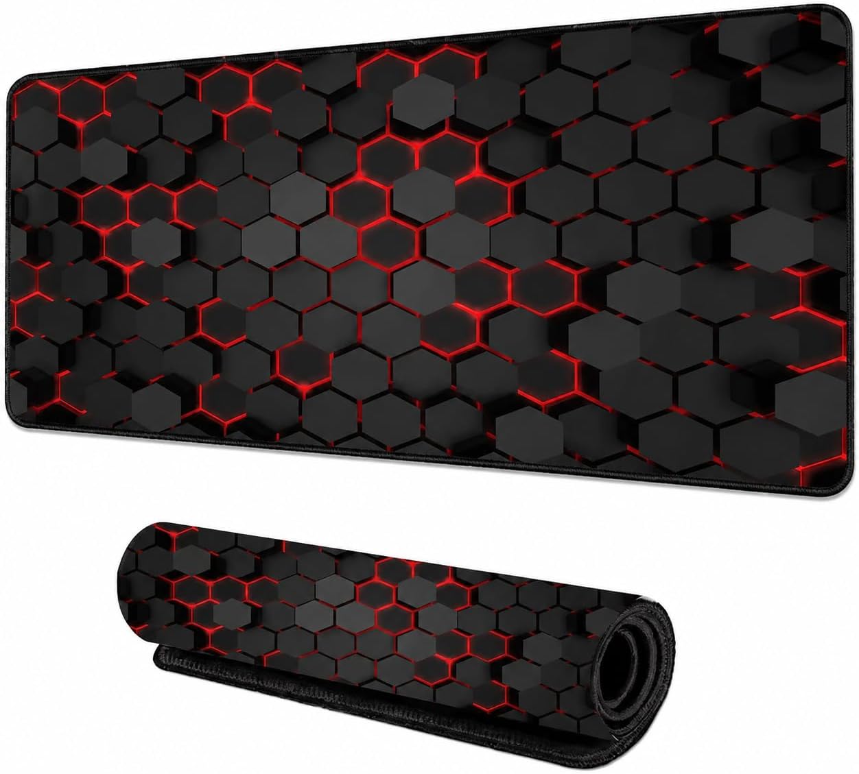 90x40 cm Mouse Pad, Neon Kırmızı Petek Desenli Büyük Mouse Pad, Kaymaz Kauçuk Tabanlı, Dikişli Kenarlı 3 mm Klavye ve Mouse Altlığı, XXL Desk Mat