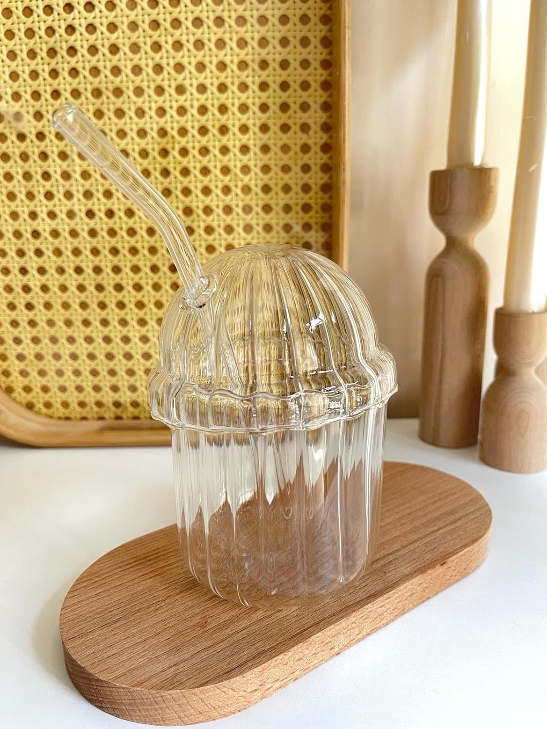 500ml Cam Kapaklı Pipetli Bardak, Kalın Çizgi Desenli Sıcak Soğuk İçecekler için Kahve Meyve Suları, Çayları için Brokosilikat BPA İçermeyen Sağlıklı Ergonomik Şık Tasarım