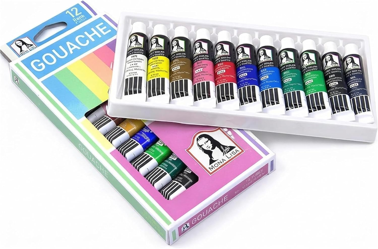 Mona Lisa 12 Renk Guaj Tüp Boya Seti – 12x12 ml Profesyonel Guaj Boya Tüp Set – Tuval, Ahşap, Taş, Seramik ve Hobi Boyama İçin Yoğun Pigmentli Sanat Boyası