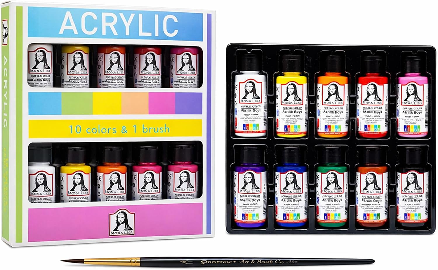 Mona Lisa Akrilik Boya Seti 10 Renk 40 ml. Tuval, Ahşap, Taş, Seramik ve Hobi Boyama İçin Yoğun Pigmentli Sanat Boyası Fırça Hediyeli Plastik Şişe 10lu Set