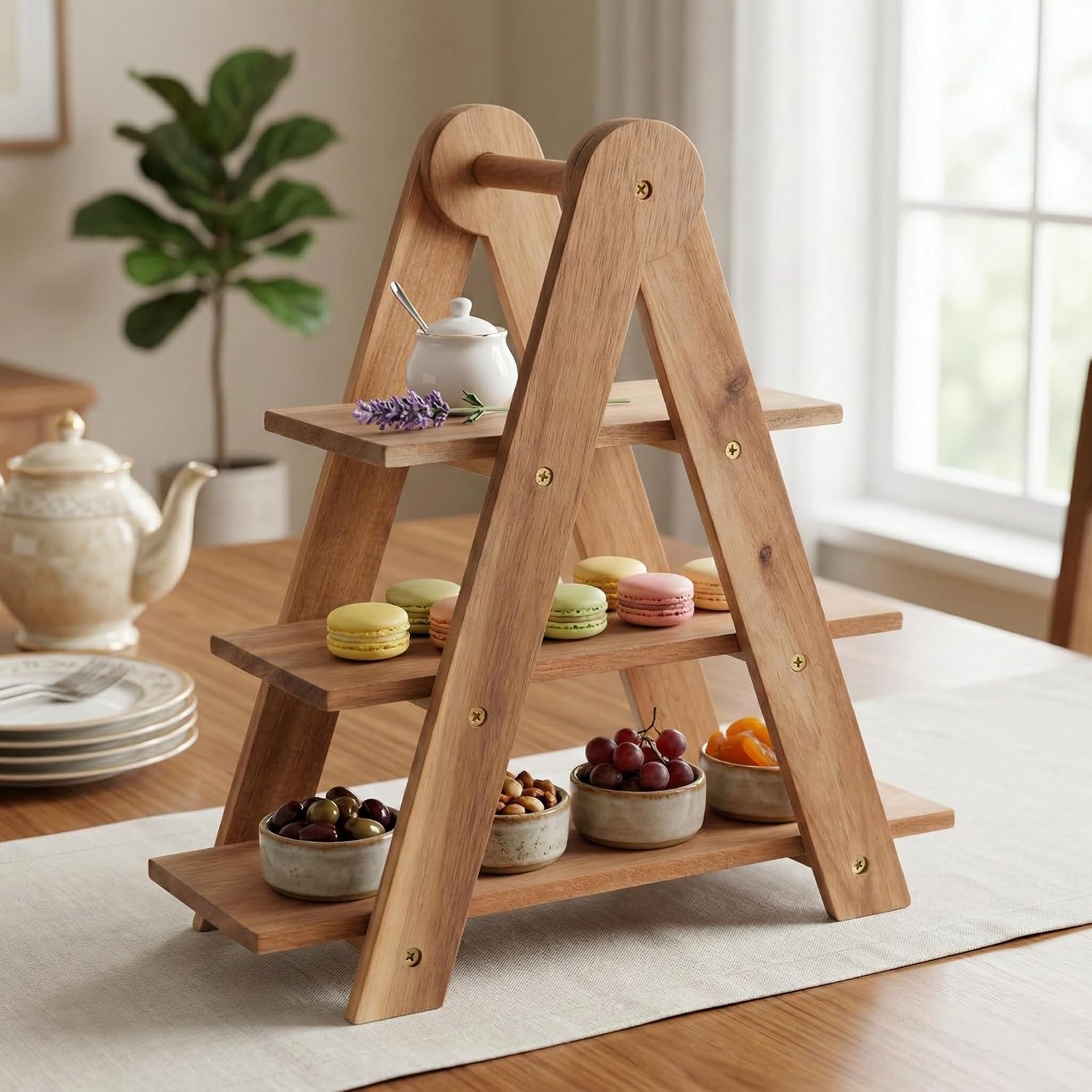 Doğal Akasya Ahşap 3 Katlı Sunum Standı - 37x12.3x37.5 cm Çok Amaçlı Katlı Servis Tepsisi, Kurabiyelik ve Peynir Sunumluğu