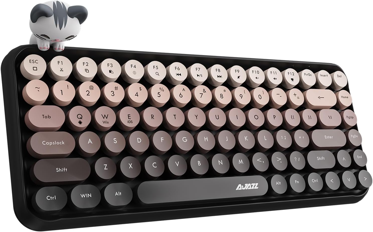 Kablosuz Bluetooth Retro Sessiz Klavye – Yuvarlak Tuşlu, Kedi Süs Aksesuarı, 84 Tuşlu, Taşınabilir, Akıllı Uyku Modu, Ergonomik Tasarım, Tablet Telefon Uyumlu, AJAZZ AJ308i Kahverengi