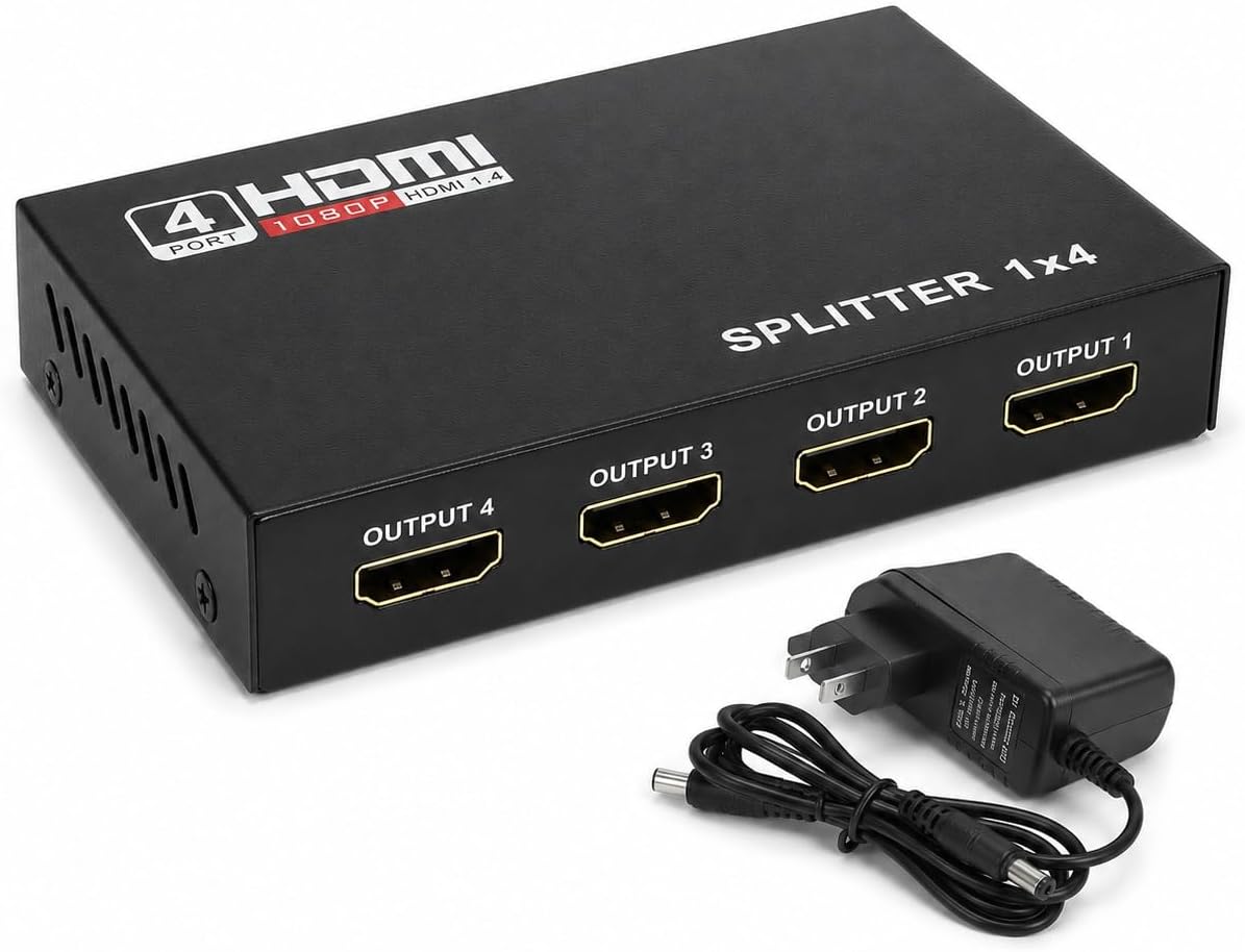 PrimeX PX-5004 4 Port HDMI Splitter, 1 Giriş 4 Çıkış Adaptörlü HDMI Çoklayıcı, 1080P 2K 4K FHD 3D Görüntü Dağıtıcı, PC Laptop Uydu Alıcı PS5 Xbox DVR NVR TV Box İçin Aynı Görüntü Ekran Çoğaltıcı