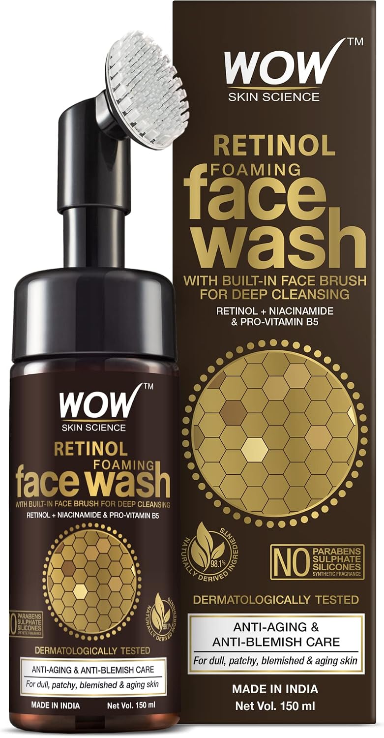 WOW Skin Science Retinol Yüz Temizleme Köpüğü ve Dahili Fırça-İnce Çizgiler, Lekeler Bakım Yüzde Doksan Sekiz, Bir Doğal İçerik Vegan 150ml