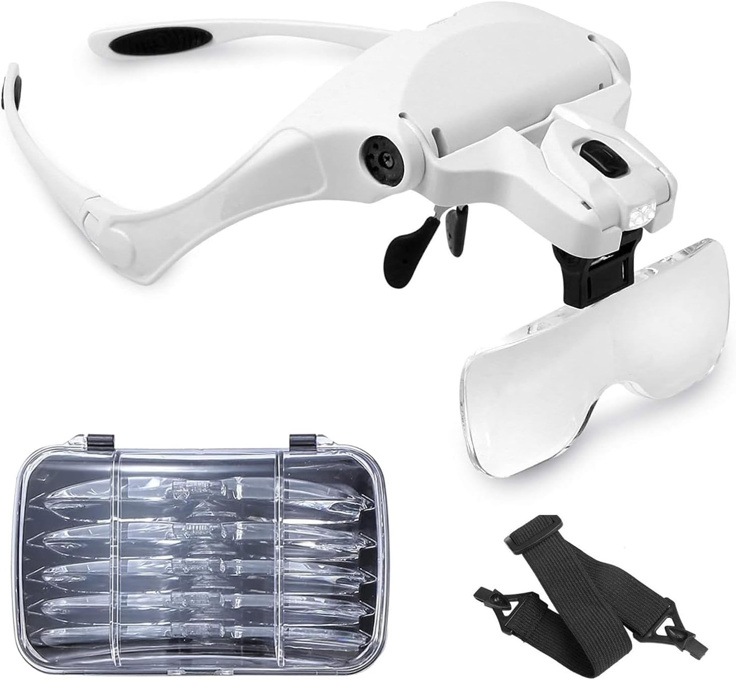 kafa bandı büyüteç gözlüğü, LED ışıklı, eller serbest arama, kuyumcu, saatçi hobi, 5 lens, 1.0X 1.5X 2.0X 2.5X 3.5X (tekrar kullanılabilir)