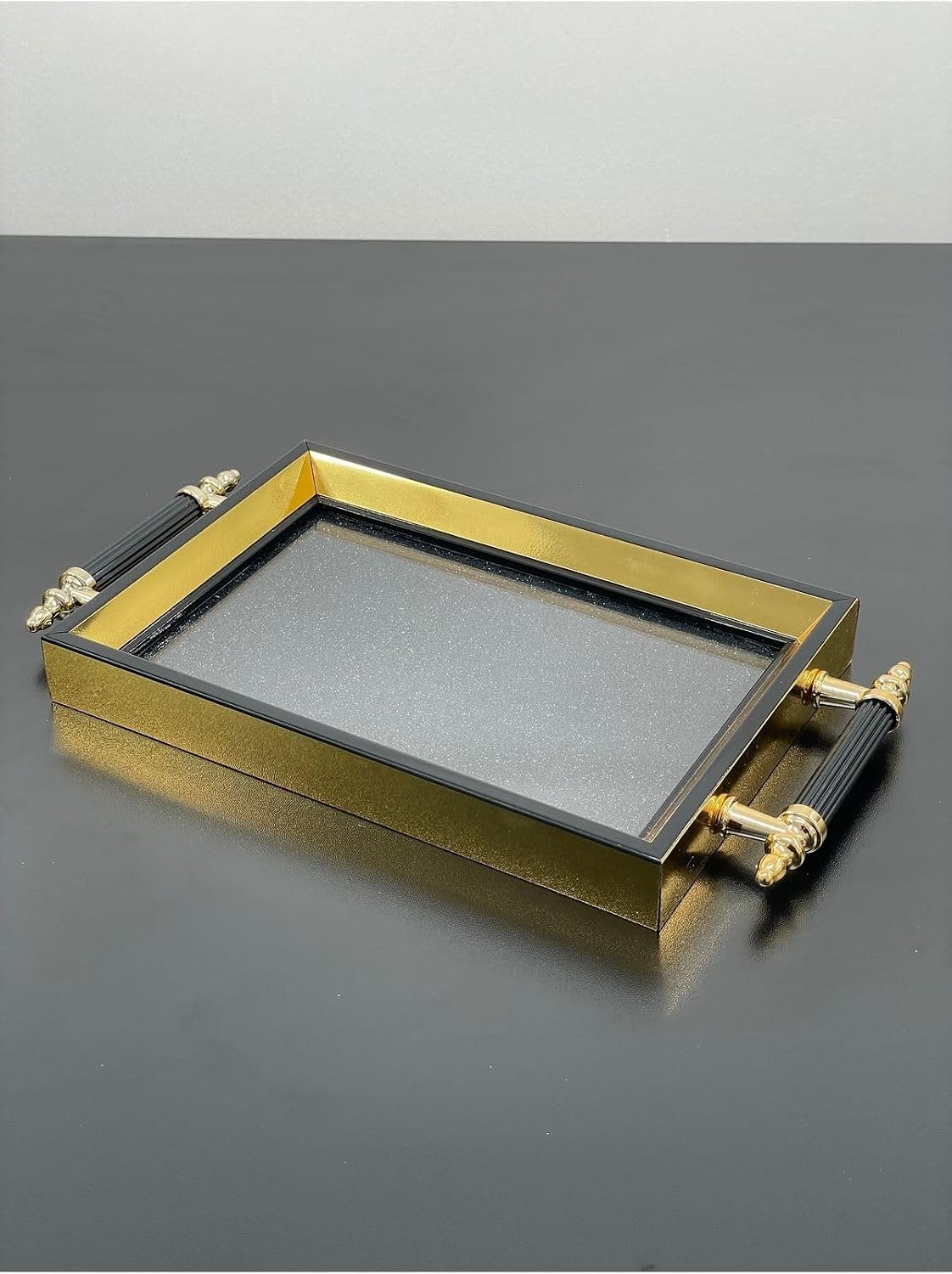 Lüks Gold Detaylı Simli Sunum Tepsisi Yaldızlı Tepsi 32 * 17CM