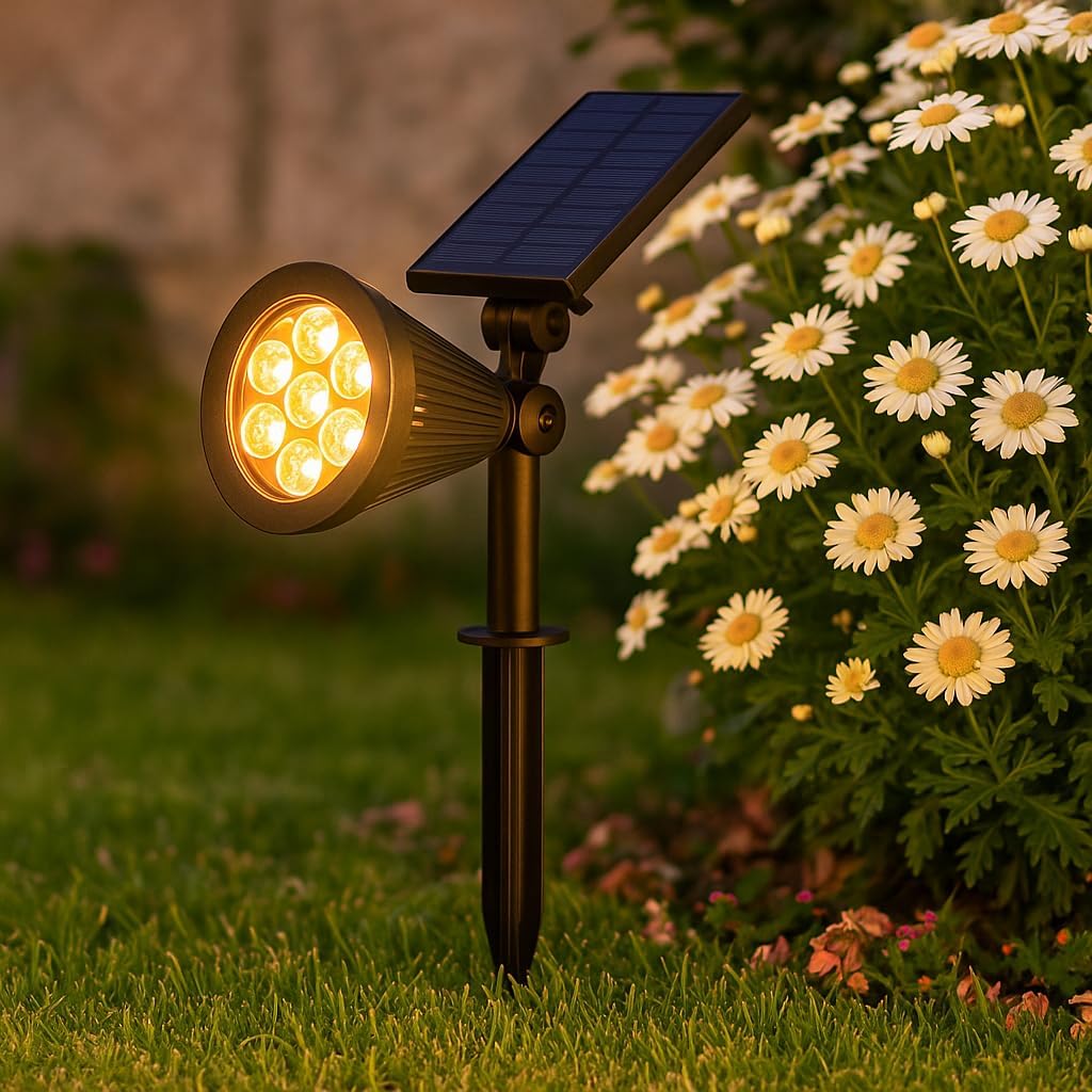 7W Solar LED Bahçe Armatürü Amber Işık – Güneş Enerjili Kazıklı & Duvar Montajlı Çim Aydınlatma Lambası – 7 LED, IP65, 90 Lümen, 140x270x95 mm