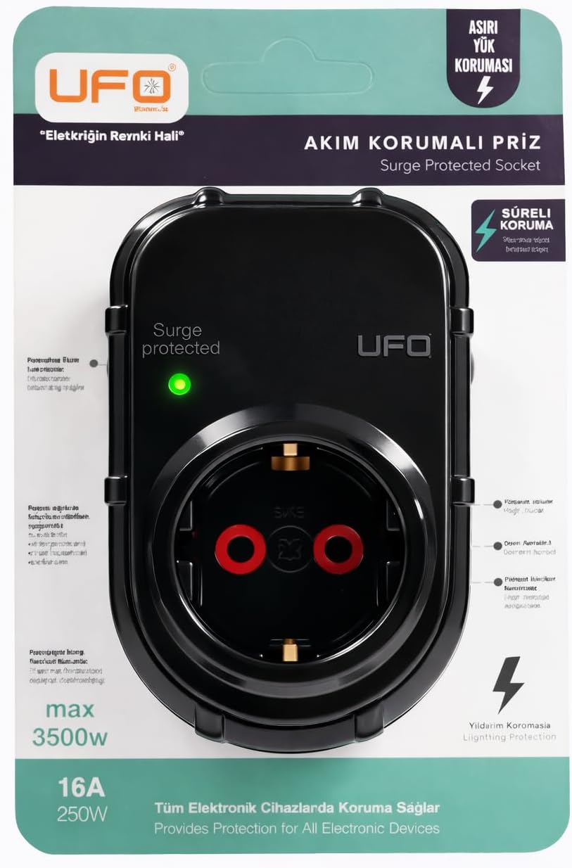 Yeni Tekli Akım Korumalı Topraklı Priz, Sürekli Koruma, 16A 250V, Max 3500W Aşırı Yük Koruması (Siyah)