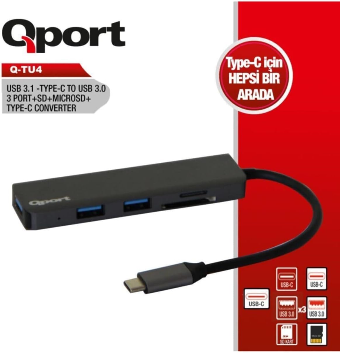 Q Tu4 Type C To Usb 3.0 3Port ve Sd ve Micro Sd ve Type C F Çevirici