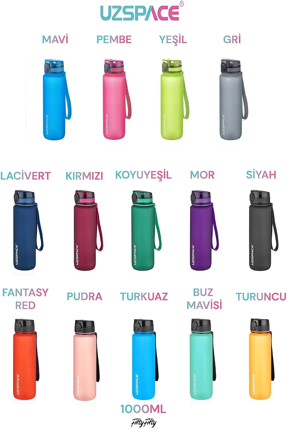 Büyük Boy 28 cm 1000 ml 1 litre Tritan Su Matarası 14 Renk FiftyFifty Softtouch