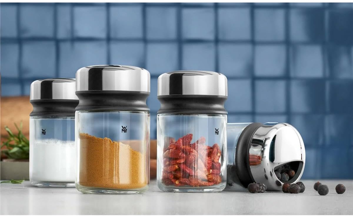4 Parça Baharatlık Seti, 100 ml, Cam Baharat Kavanozu, Cromargan® Yüksek Kaliteli Paslanmaz Çelik Kapaklı, Bulaşık Makinesinde Yıkanabilir