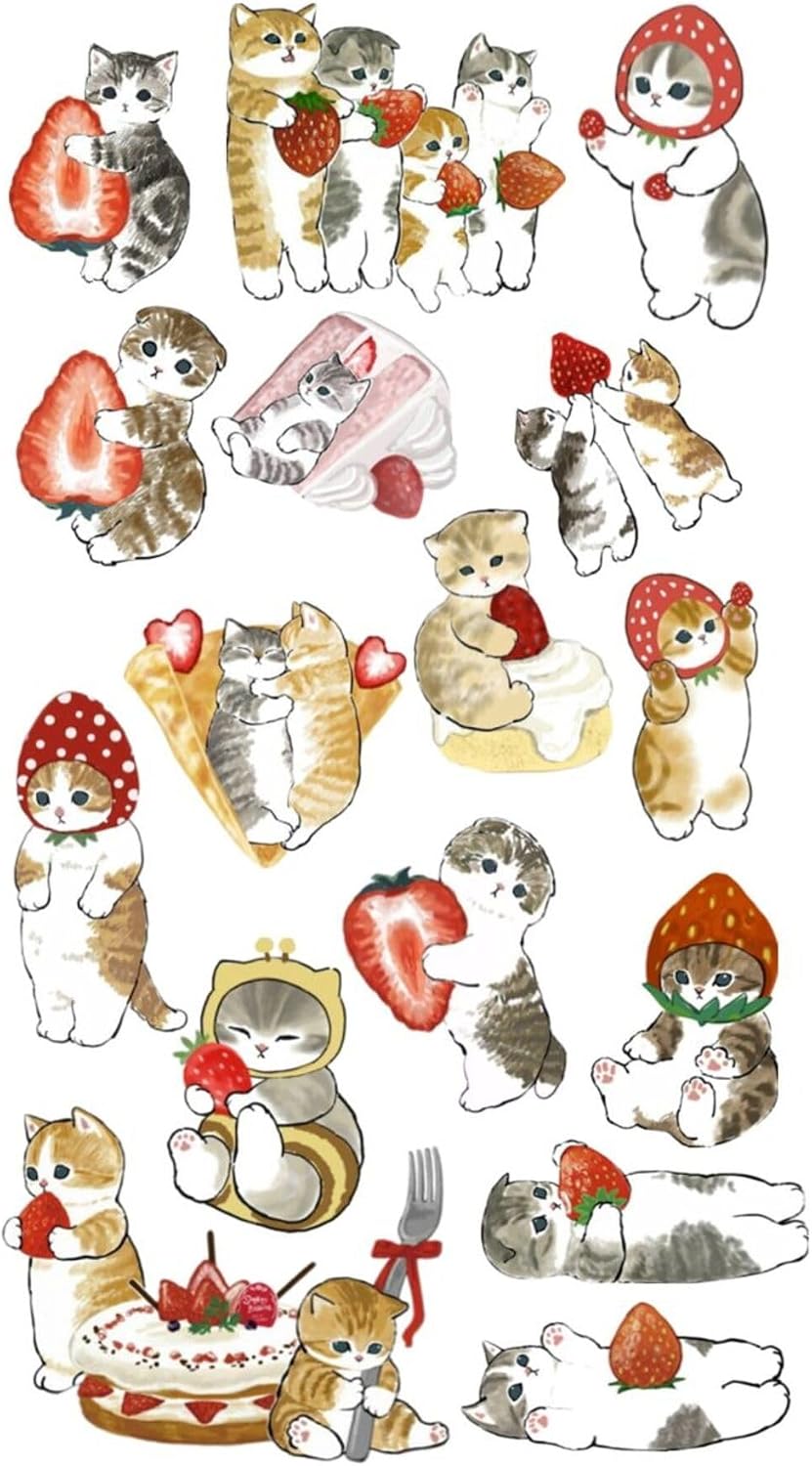 Strawberry Cat Çilek Kedi Tablet Telefon Laptop Ajanda Bullet Journal Sticker -Suya Dayanıklı Etiket