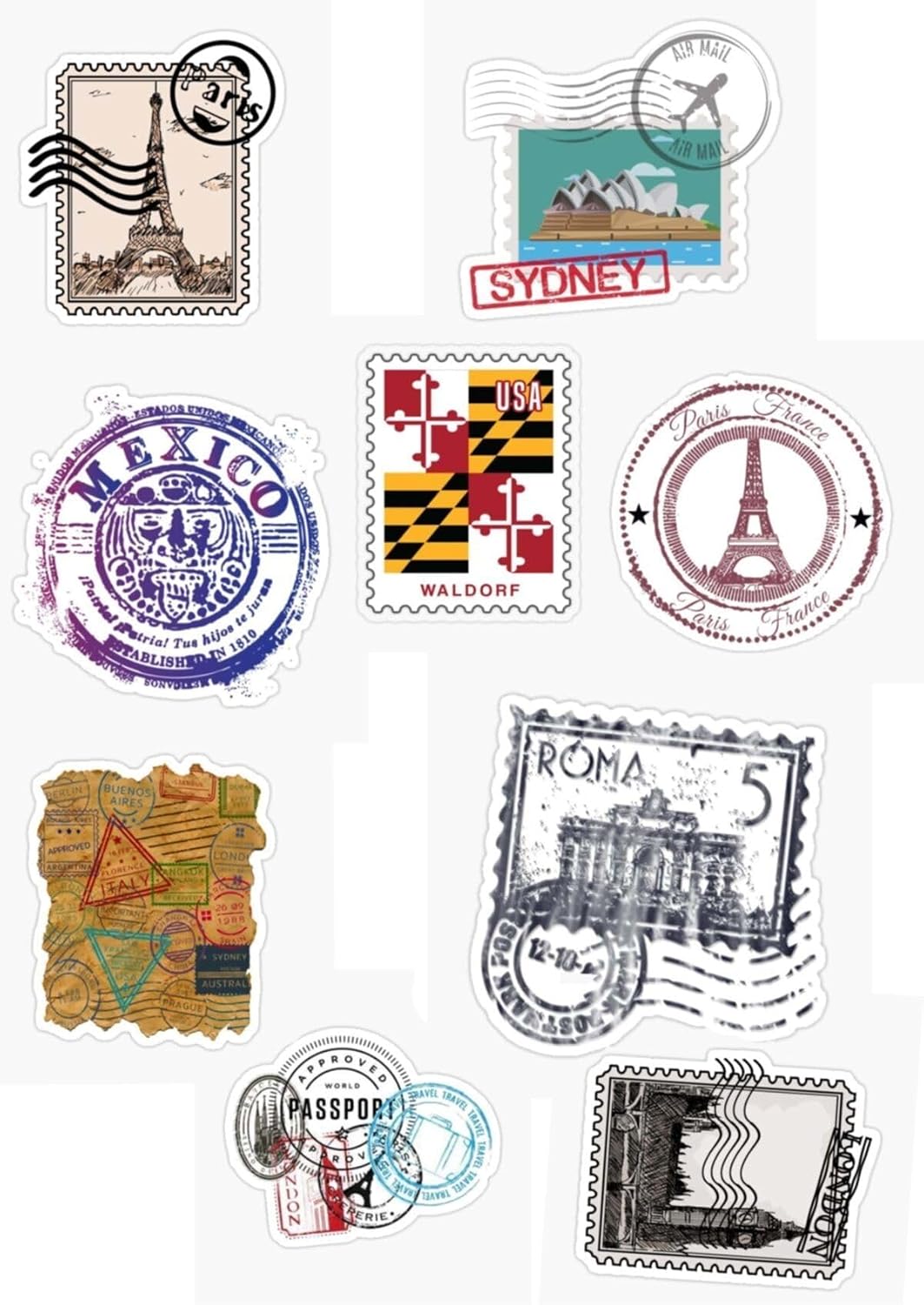 Pul Tasarımlı Vintage Dünya Şehirleri Temalı Sticker Seti