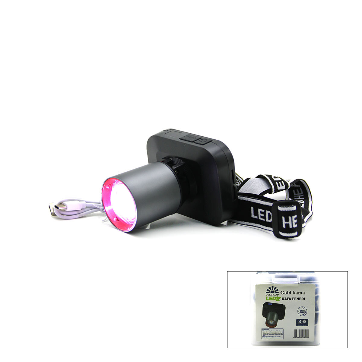 Şarjlı 50W Kafa Lambası Fener 1 Led Usb - Type-c Dijital Kademe Işık Ayarı - Flaşör