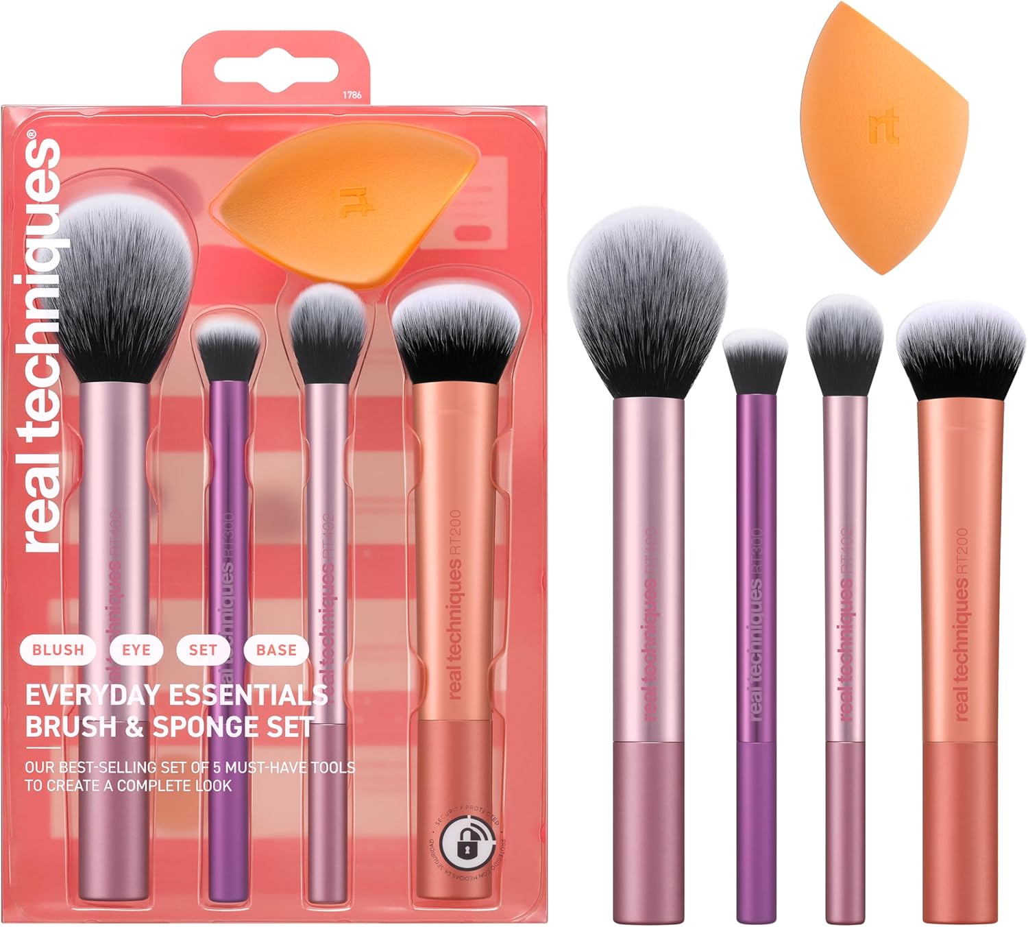 Everyday Essentials makyaj fırçası, yüz için komple set (yüz süngeri, yüz, ruj, ayarlama ve delüks göz farı fırçası)