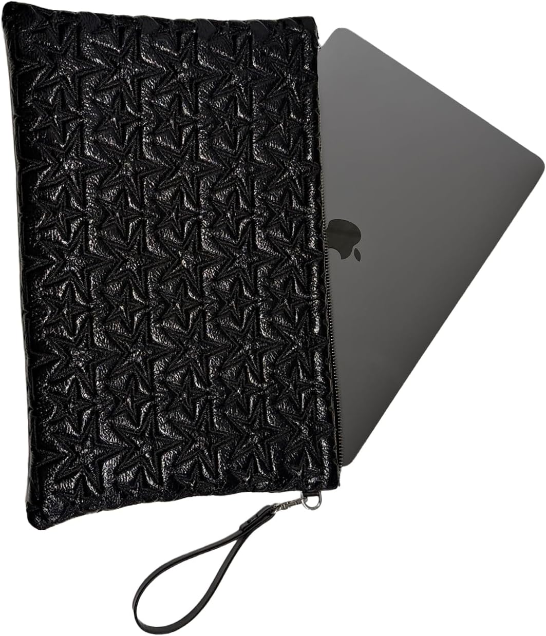 Yıldız Desenli Siyah Parlak Bilgisayar Tablet Çantası Çıkarılabilir Bileklik Askılı 39 × 25 cm