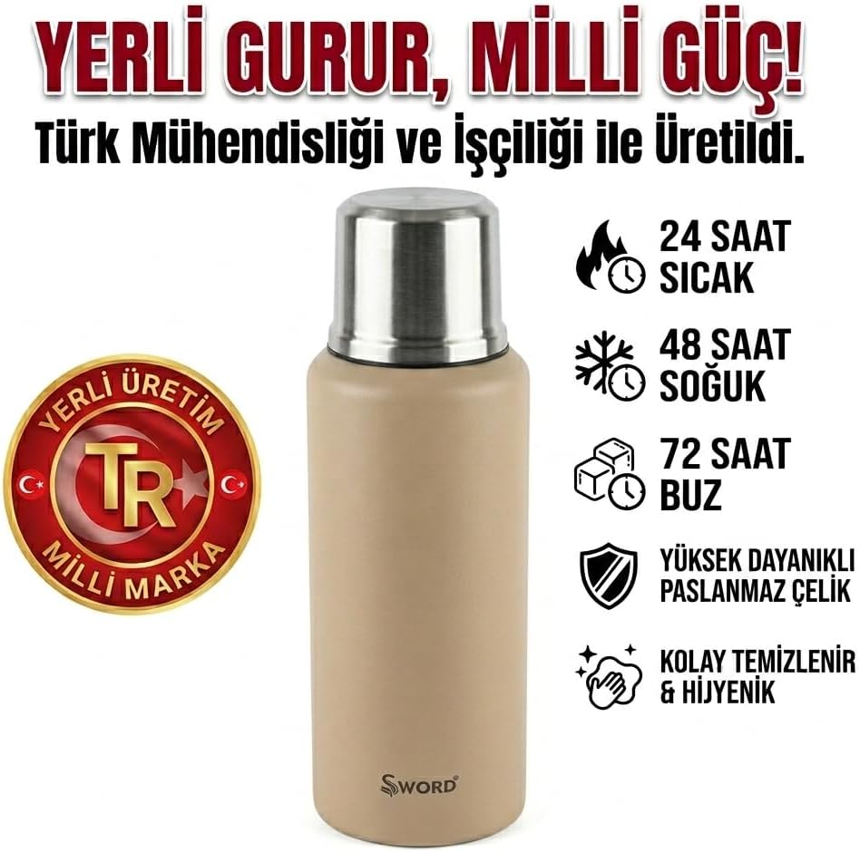 Sword Bej Sütlü Kahve Çelik Termos, 1.5 Litre, 24 Saat Sıcak, 48 Saat Soğuk, 72 Saat Buz Saklama, Yerli Üretim Kamp Termosu