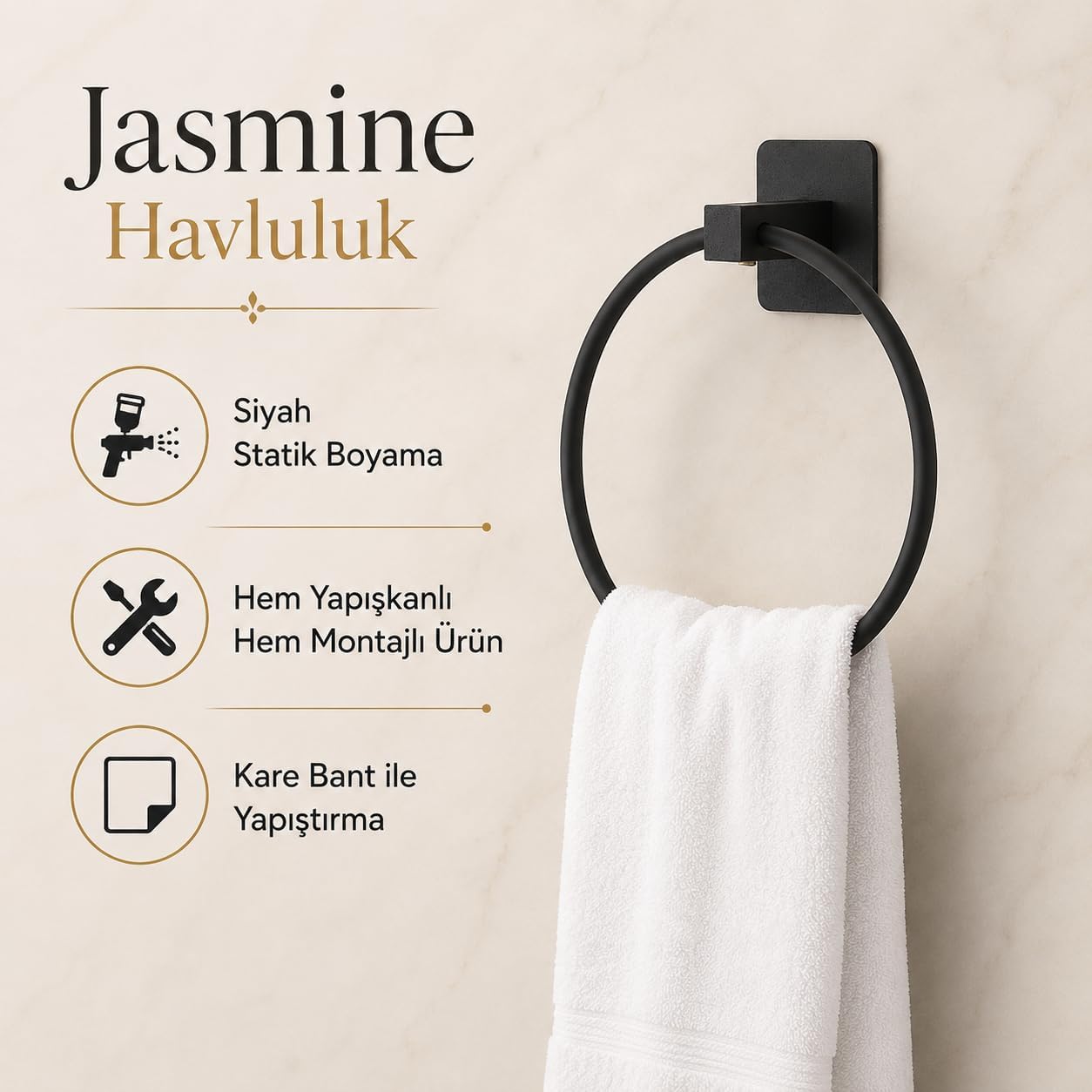 Siyah Kare Yuvarlak Havluluk, Yapışkanlı ve Vidalı Montajlı Duvara Monte Halka Havlu Askısı, Mat Siyah Banyo Aksesuarı