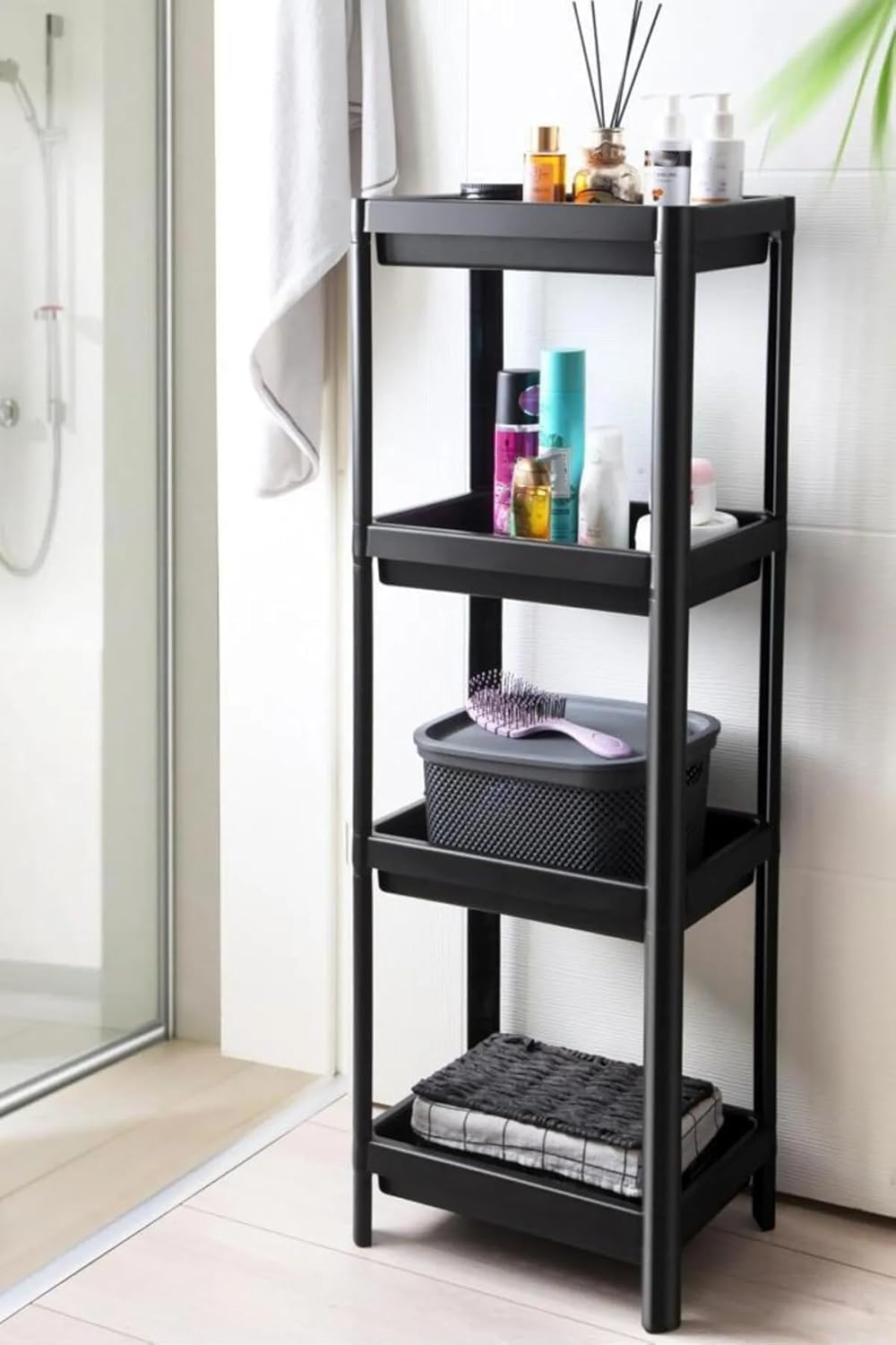 4 Katlı Geçmeli Plastik Banyo ve Mutfak Organizeri, Kolay Montajlı 4 Katlı Raf, Mutfakta ve Banyoda Kullanım İçin İdeal, Dayanıklı Depolama Çözümü (Siyah)