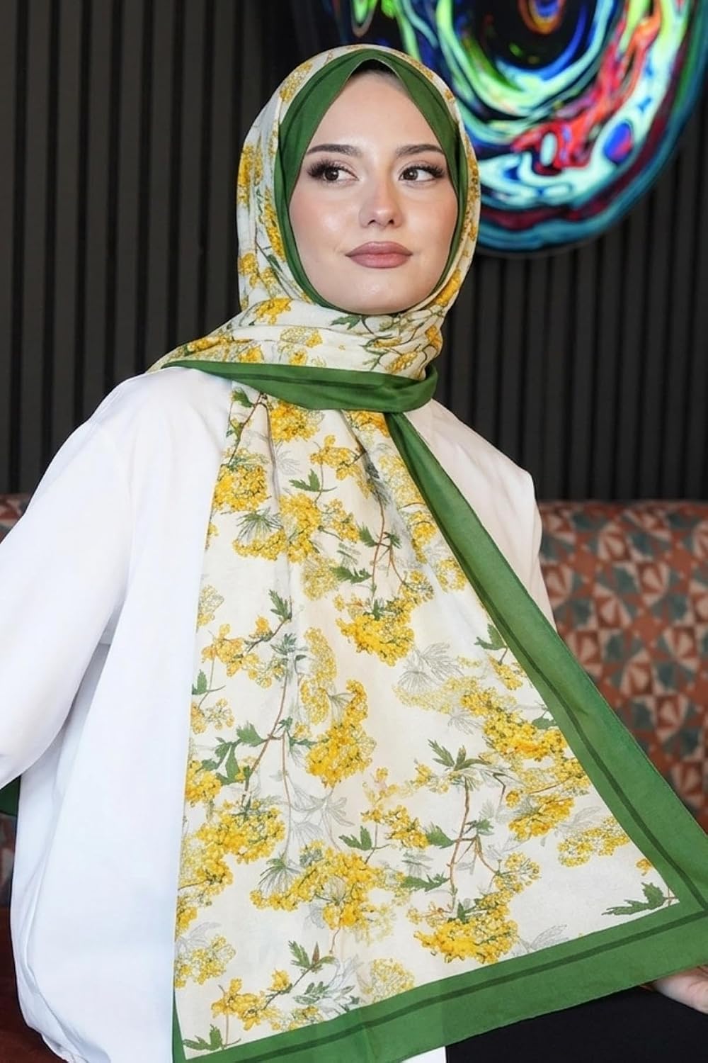 Çiçek Desen Sarı Soft Pamuk Şal