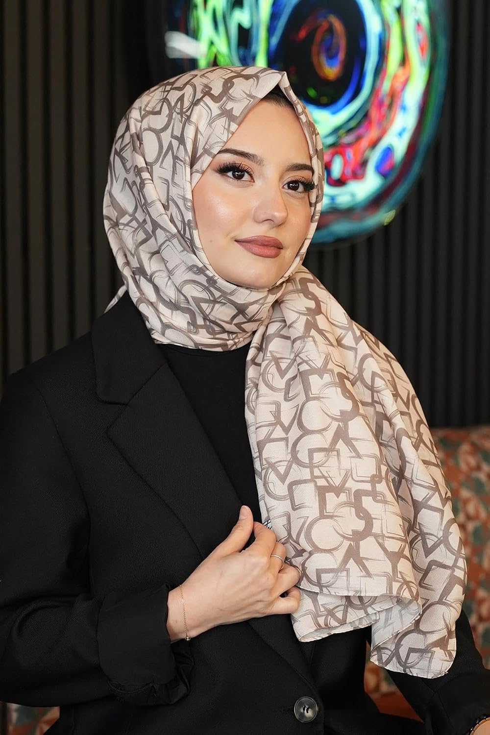 Geometrik Desen Bej Soft Pamuk Şal Çok Renkli8