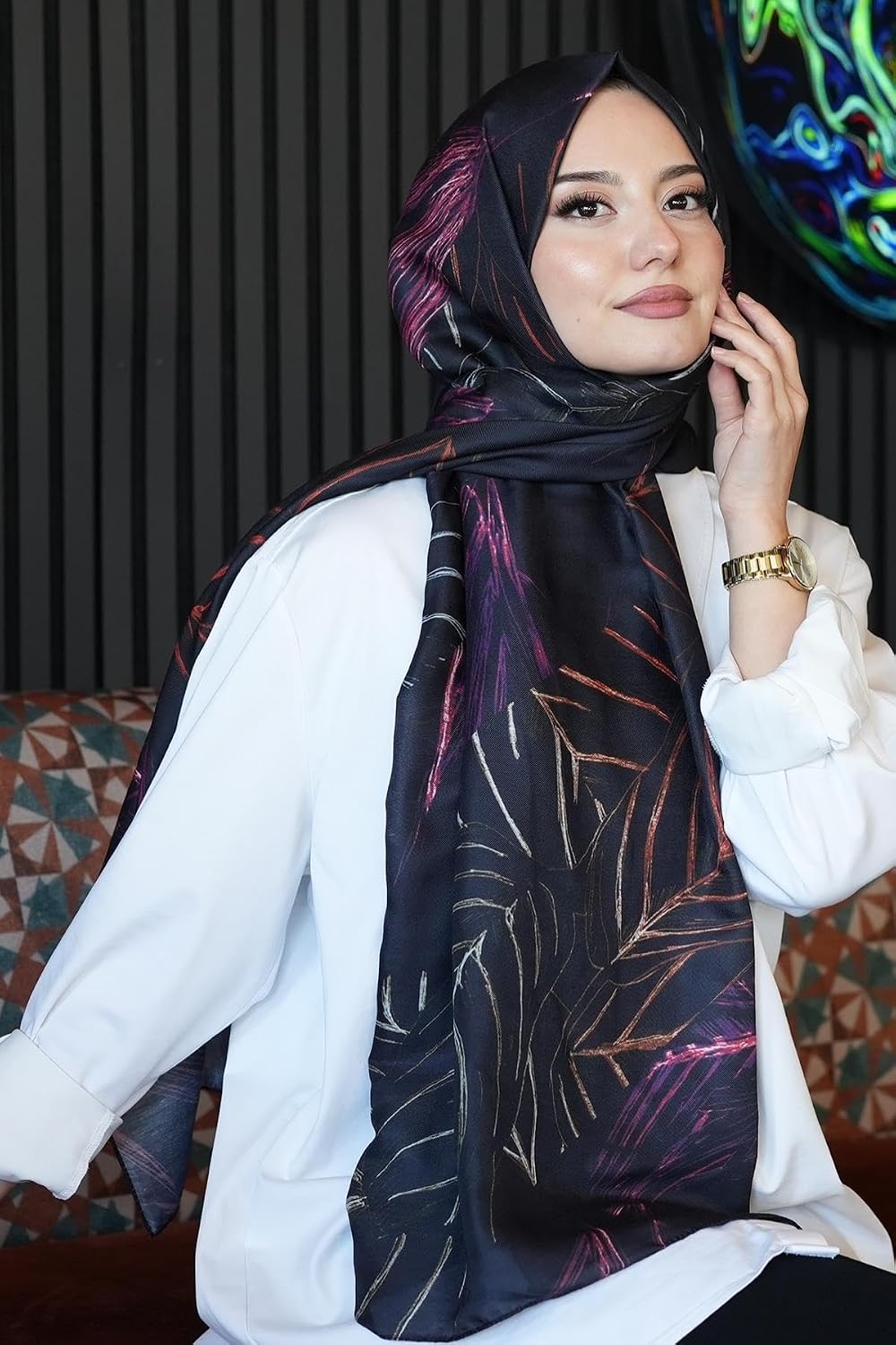 Çizgili Desen Pembe Soft Pamuk Şal Çok Renkli6